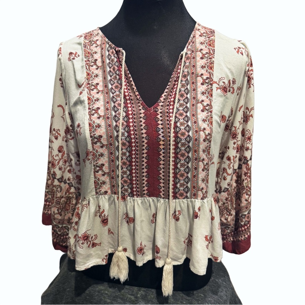 Sadie & Sage Boho Floral Cropped Peasant Blouse Bell Sleeve Crop S/M CottageCore